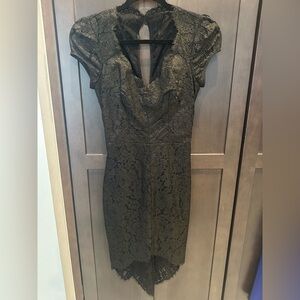 Bebe Black Lace Midi Dress with gold